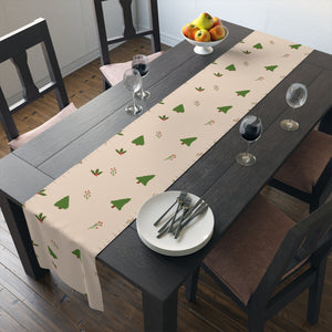 Beige Holiday Table Runner - Holly & Evergreen Trees