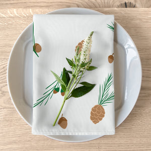 White Holiday Napkins - Pinecones & Acorns