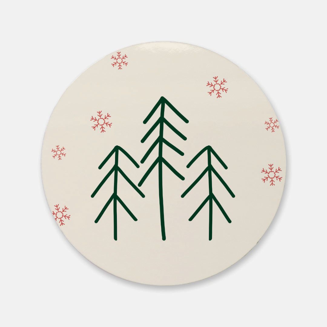 Round Cork Back Coaster - Evergreens & Red Snowflakes