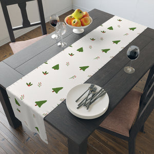 White Holiday Table Runner - Holly & Evergreen Trees