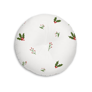 White Round Tufted Holiday Floor Pillow - Holly
