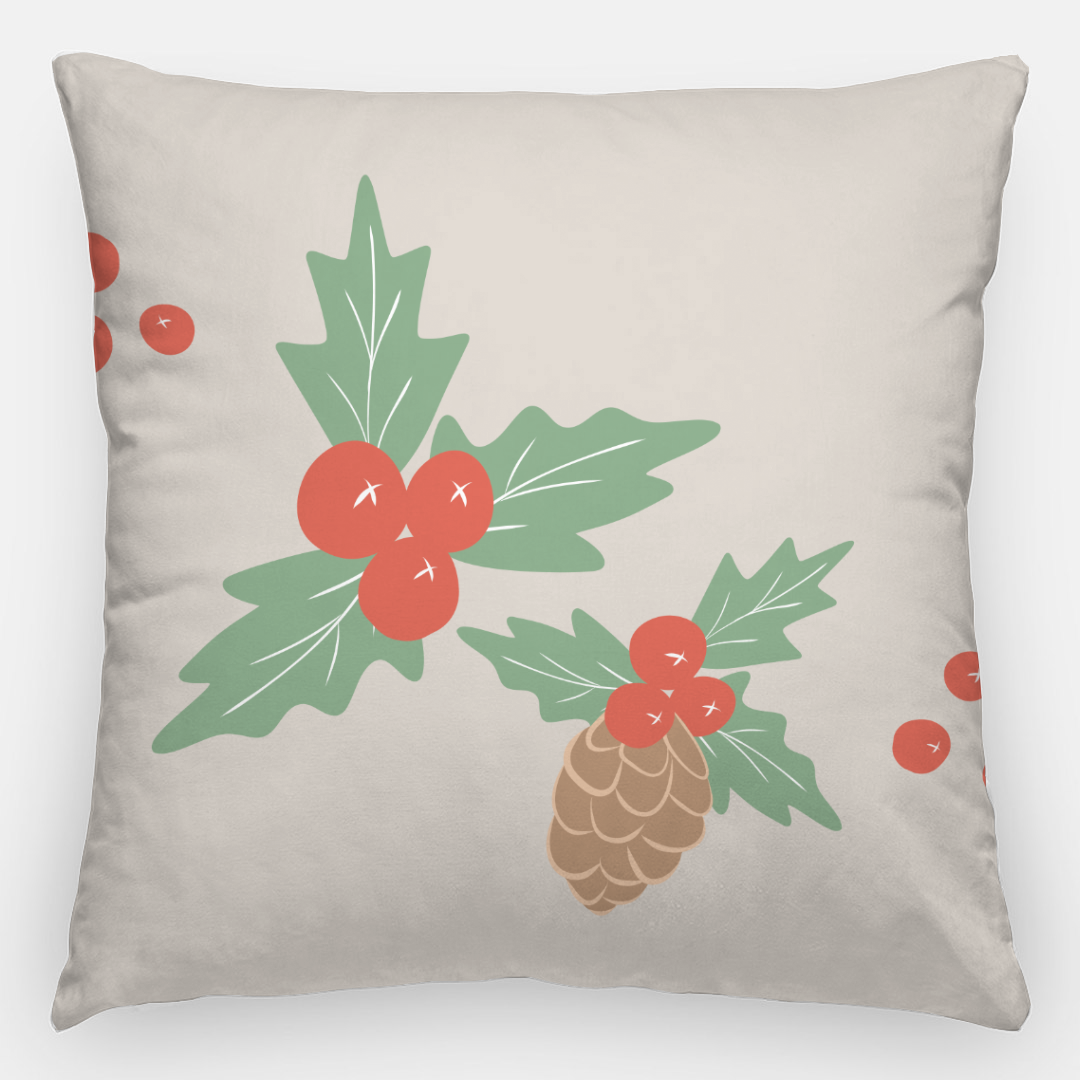 24x24 Holiday Polyester Pillowcase - Pinecones & Holly