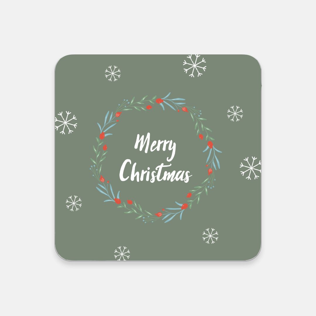 Cork Back Coaster - Merry Christmas Wreath & Snowflakes