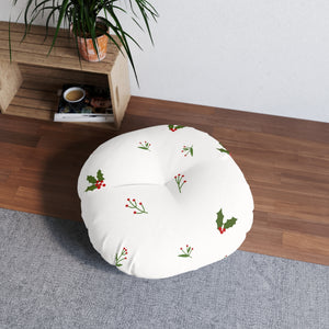White Round Tufted Holiday Floor Pillow - Holly