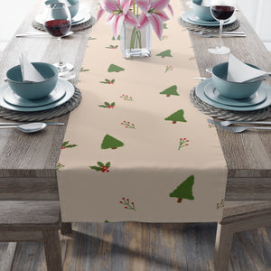 Beige Holiday Table Runner - Holly & Evergreen Trees