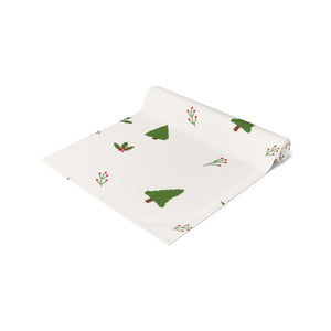 White Holiday Table Runner - Holly & Evergreen Trees
