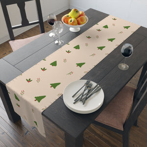 Beige Holiday Table Runner - Holly & Evergreen Trees