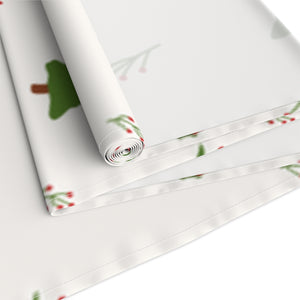 White Holiday Table Runner - Holly & Evergreen Trees