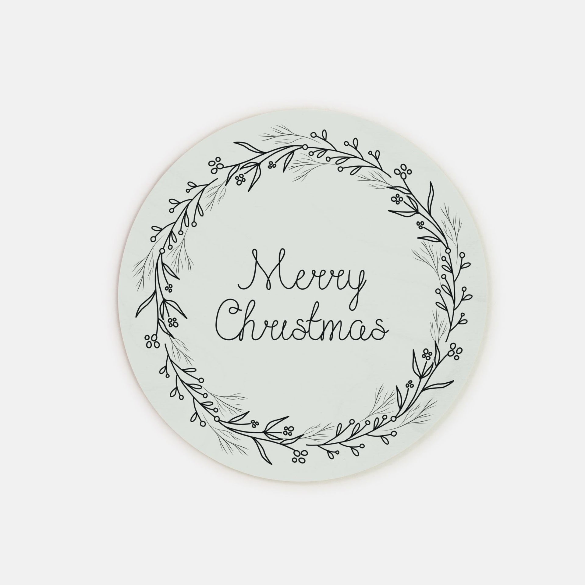 8" Round Wood Sign - Black Merry Christmas Wreath