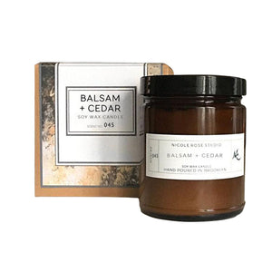 "Balsam + Cedar" Soy Wax Candle - 8oz Glass Jar - Lifestyle Details
