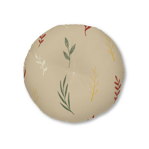 Lifestyle Details - Beige Round Tufted Holiday Floor Pillow - Colorful Garland - 26x26 - Front View