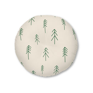 Lifestyle Details - Beige Round Tufted Holiday Floor Pillow - Evergreen Trees - 26x26 - Front View