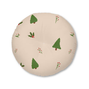 Lifestyle Details - Beige Round Tufted Holiday Floor Pillow - Evergreen Trees & Holly - 30x30 - Back View