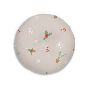 Lifestyle Details - Beige Round Tufted Holiday Floor Pillow - Pinecones & Holly - 26x26 - Back View