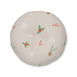 Lifestyle Details - Beige Round Tufted Holiday Floor Pillow - Pinecones & Holly - 30x30 - Front View