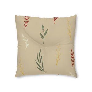Lifestyle Details - Beige Square Tufted Holiday Floor Pillow - Colorful Garland - 26x26 - Front View