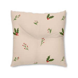 Lifestyle Details - Beige Square Tufted Holiday Floor Pillow - Holly - 30x30 - Front View