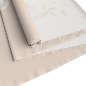 Lifestyle Details - Champagne Table Runner - White Pumpkins Watercolor Arrangement with Leaves - Back View