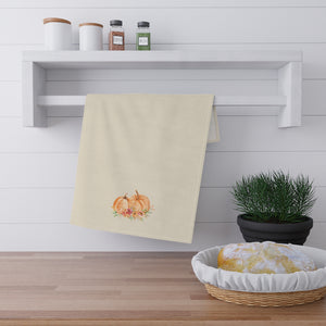 Lifestyle Details - Ecru Kitchen Towel - Orange Pumpkins Watercolor Arrangement - In Use
