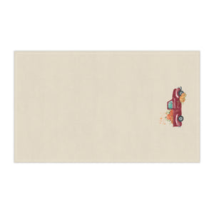 Lifestyle Details - Ecru Kitchen Towel - Red Rustic Autumn Truck & Orange Pumpkins - Horizontal