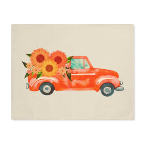 Lifestyle Details - Ecru Table Placemat - Bright Orange Rustic Autumn Truck - Front View