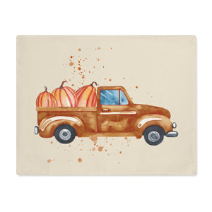 Lifestyle Details - Ecru Table Placemat - Brown Rustic Autumn Truck & Pumpkins - Front View