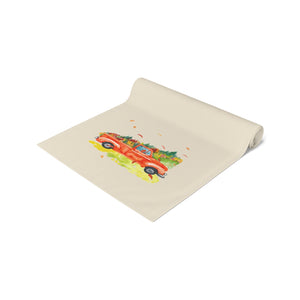 Lifestyle Details - Ecru Table Runner - Orange Rustic Truck with Leaves - Rolled Up