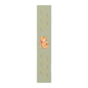 Lifestyle Details - Eucalyptus Table Runner - Orange Pumpkins Watercolor Arrangement & Leaves - Large - Front View