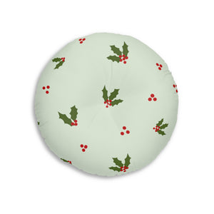 Lifestyle Details - Green Round Tufted Holiday Floor Pillow - Red & Green Holly - 26x26 - Back View