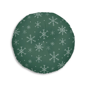Lifestyle Details - Green Round Tufted Holiday Floor Pillow - Snowflakes - 30x30 - Back View