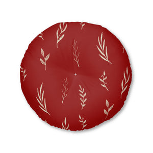 Lifestyle Details - Red Round Tufted Holiday Floor Pillow - White Garland - 30x30 - Front View