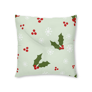 Lifestyle Details - Square Tufted Holiday Floor Pillow - Holly & Snowflakes - 26x26 - Front View