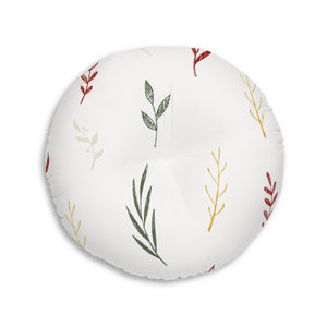 Lifestyle Details - White Round Tufted Holiday Floor Pillow - Colorful Garland - 30x30 - Back View