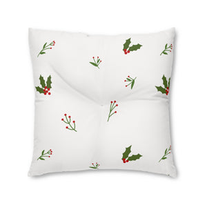 Lifestyle Details - White Square Tufted Holiday Floor Pillow - Holly - 30x30 - Front View