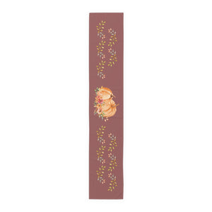 Lifestyle Details - Wine Table Runner - Orange Pumpkins Watercolor Arrangement & Leaves - Large - Front View