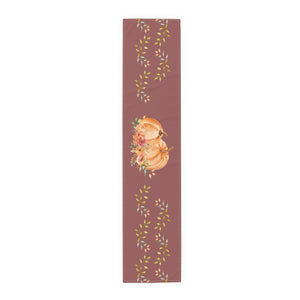 Lifestyle Details - Wine Table Runner - Orange Pumpkins Watercolor Arrangement & Leaves - Small - Front View