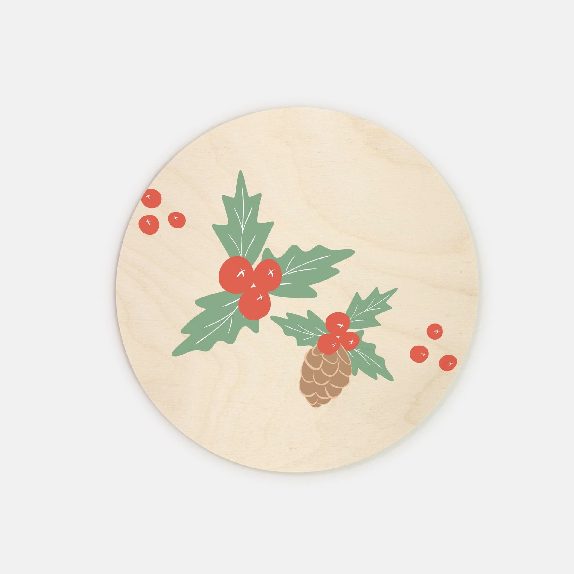 8" Round Wood Sign - Holly & Pinecone
