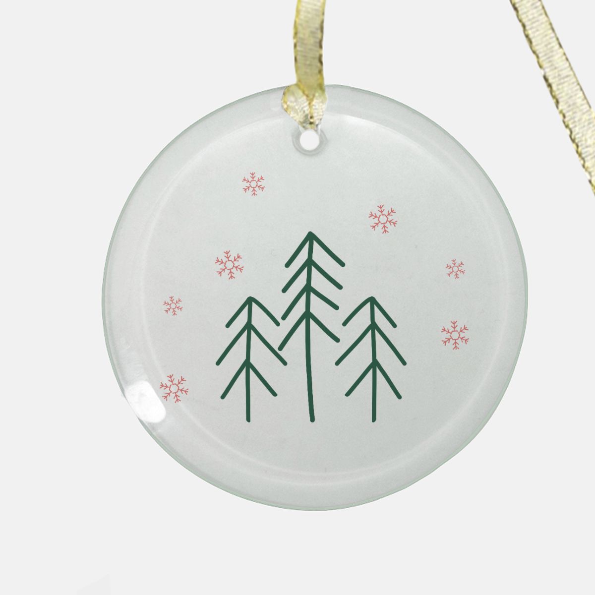 Round Clear Glass Holiday Ornament - Evergreen Trees & Red Snowflakes