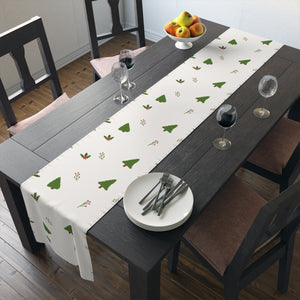 White Holiday Table Runner - Holly & Evergreen Trees