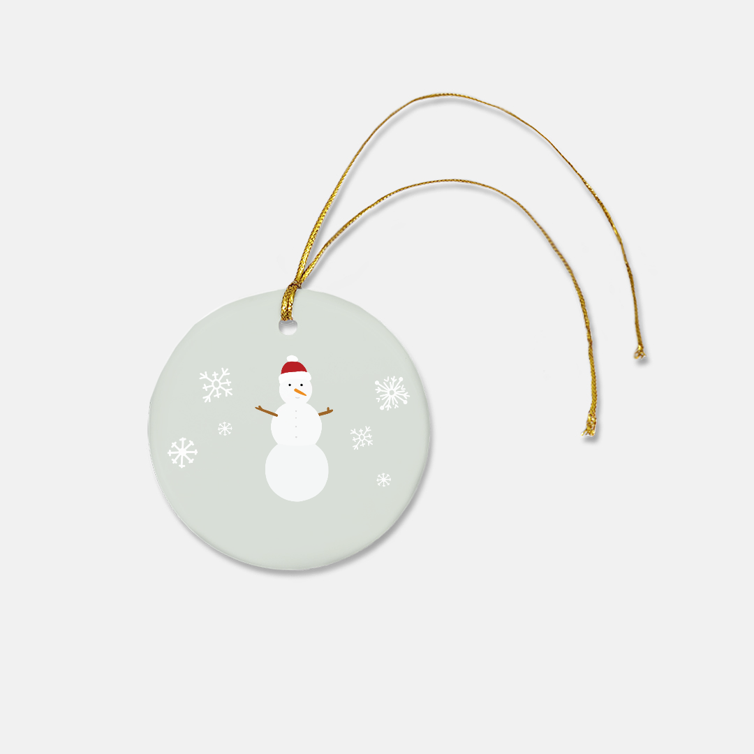 Round Ceramic Holiday Ornament - Snowman & Snowflakes