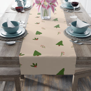 Beige Holiday Table Runner - Holly & Evergreen Trees