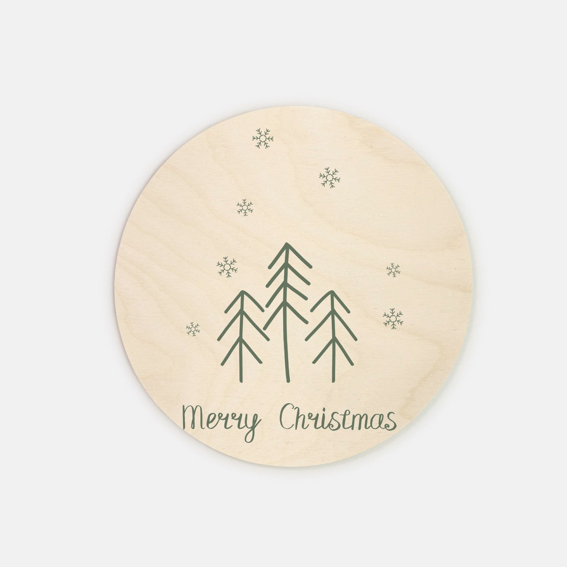 8" Round Wood Sign - Merry Christmas Evergreens & Snowflakes