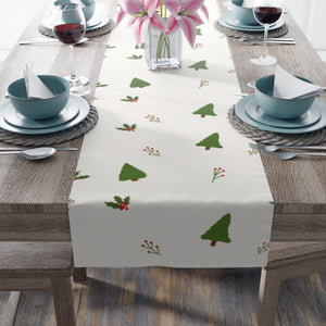 White Holiday Table Runner - Holly & Evergreen Trees