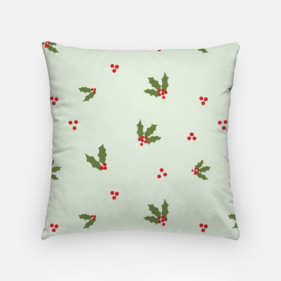 18x18 Holiday Polyester Pillowcase - Red & Green Holly