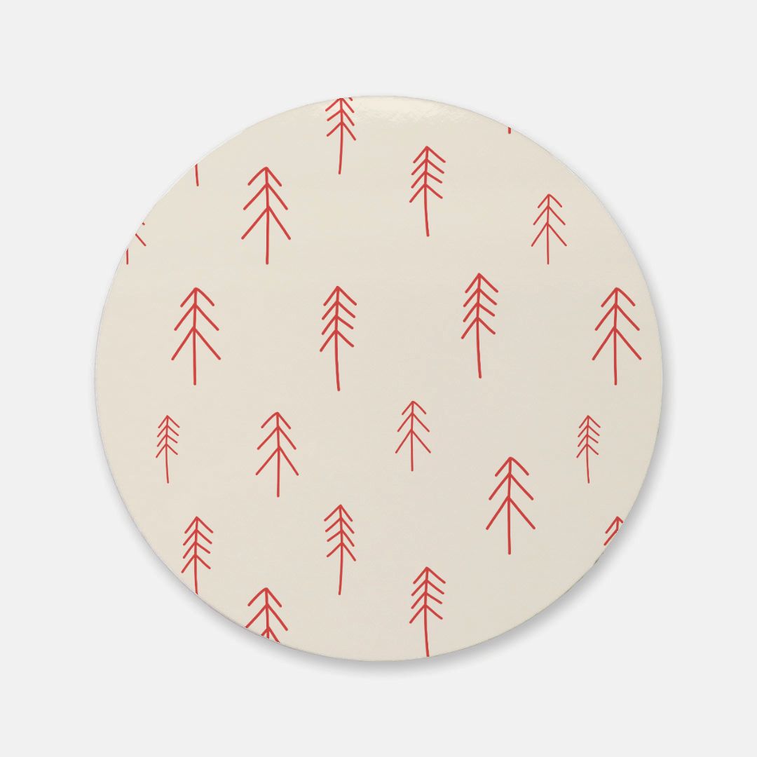 Round Cork Back Coaster - Red Evergreen Trees