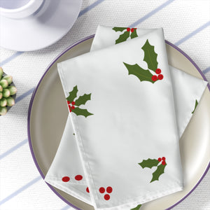 White Holiday Napkins - Red & Green Holly