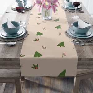 Beige Holiday Table Runner - Holly & Evergreen Trees