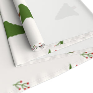 White Holiday Table Runner - Holly & Evergreen Trees