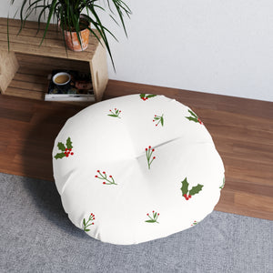 White Round Tufted Holiday Floor Pillow - Holly