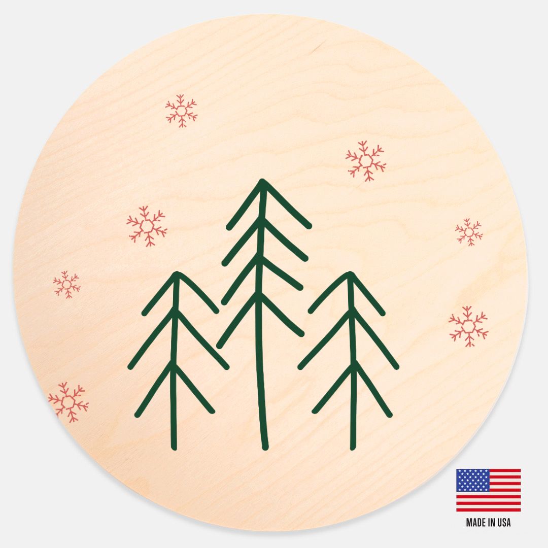 12" Round Wood Sign - Evergreen Trees & Red Snowflakes
